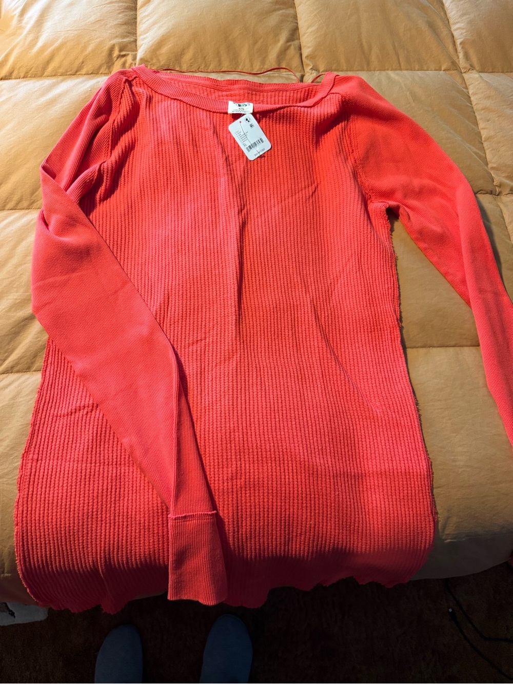 Free People Long Sleeve Ribbed Tee in Coral Red